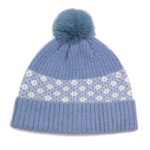 Recycled Blend Baby Blue & White Scandi Flower Bobble Hat by Peace of Mind